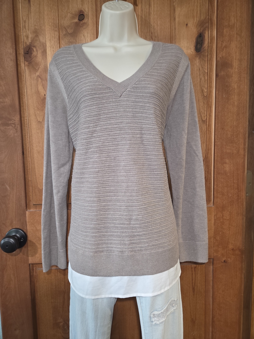 Hilary Radley Taupe V-Neck Textured Knit Sweater